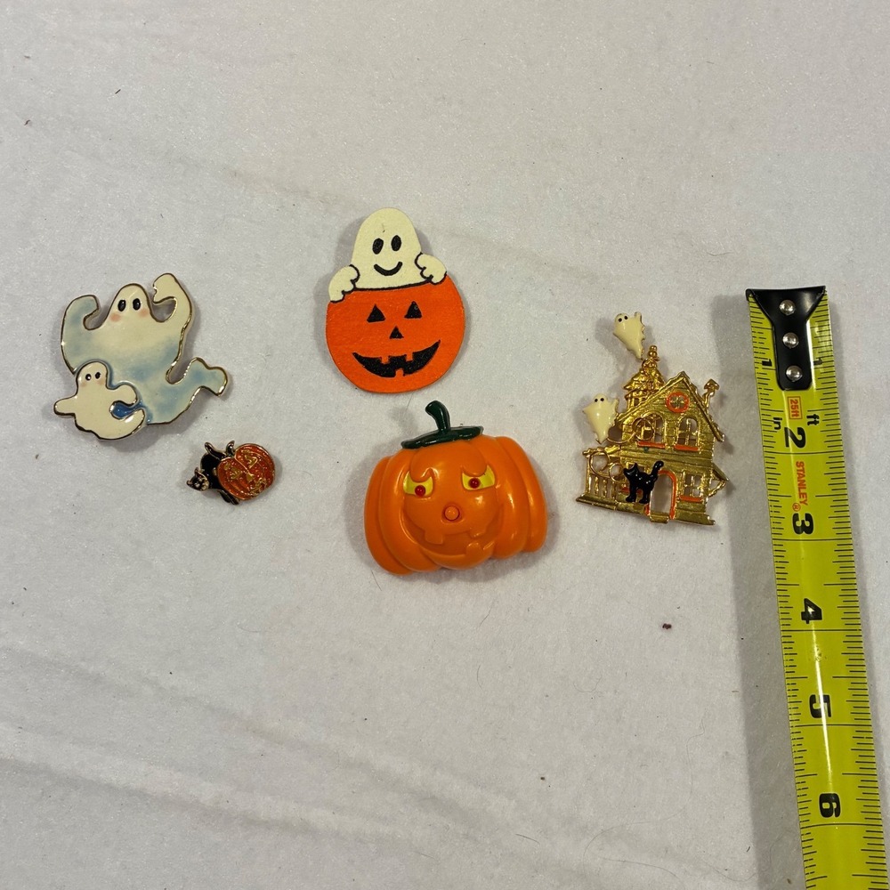 Vintage Halloween Pin Brooch Lot Ghost Pumpkin Haunted House Enamel 5pc
